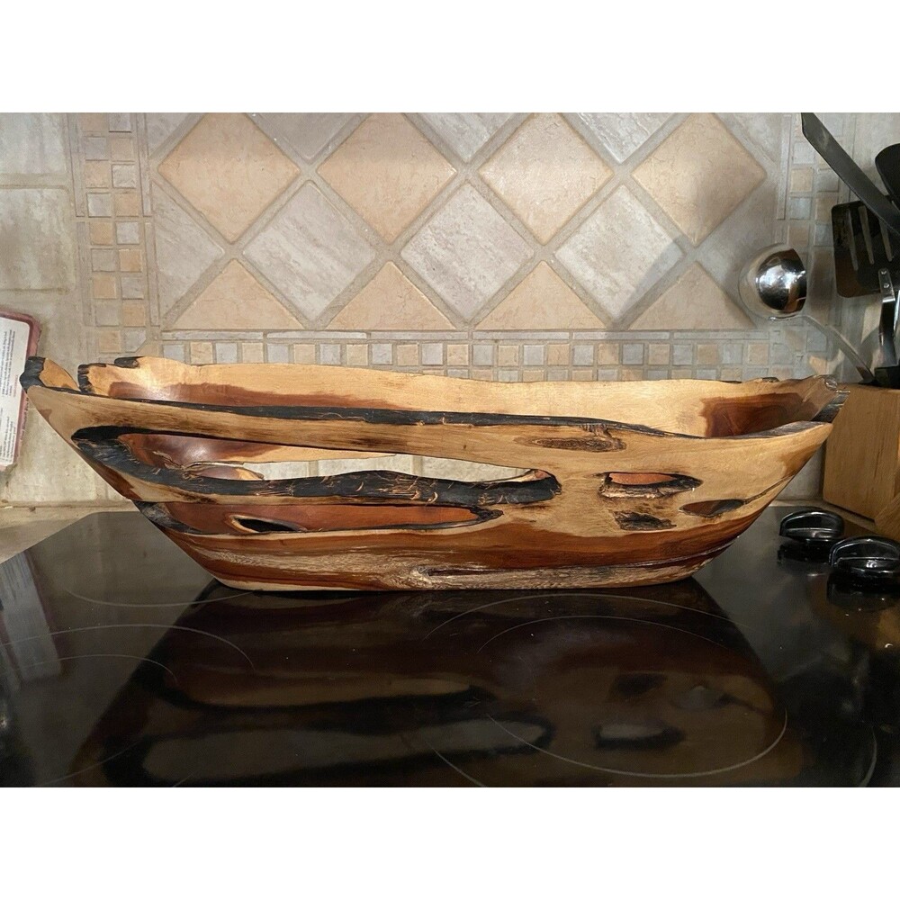 Hand Carved Live Edge Wood Bowl Basket Rustic Centerpiece 23”